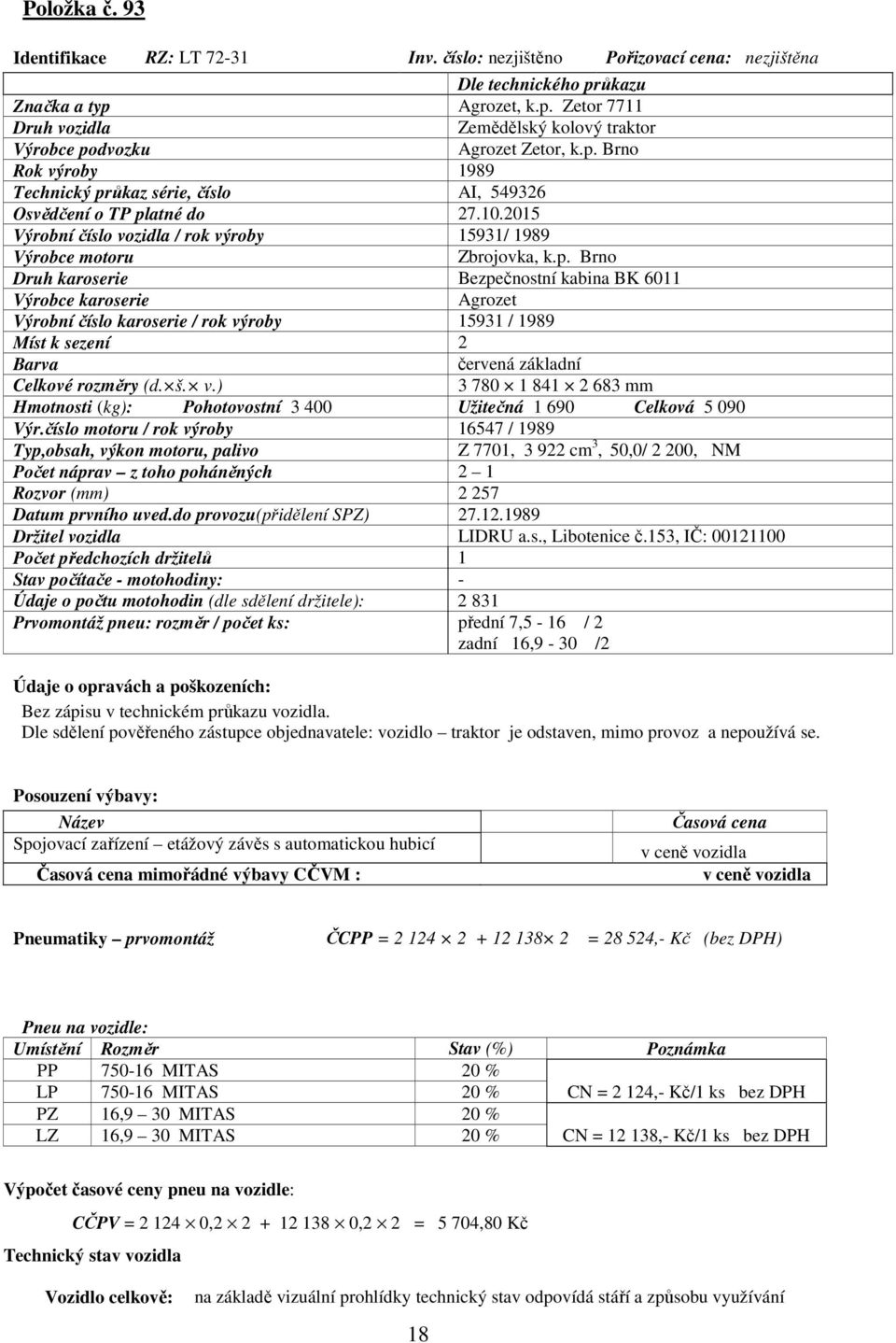 š. v.) 3 780 1 841 2 683 mm Hmotnosti (kg): Pohotovostní 3 400 Užitečná 1 690 Celková 5 090 Výr.