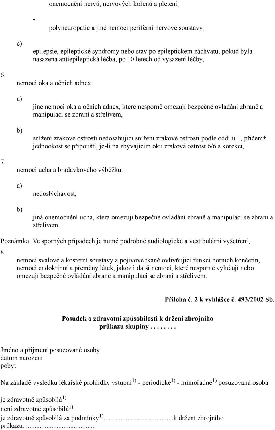 nemoci oka a očních adnex: jiné nemoci oka a očních adnex, které nesporně omezují bezpečné ovládání zbraně a manipulaci se zbraní a střelivem, snížení zrakové ostrosti nedosahující snížení zrakové