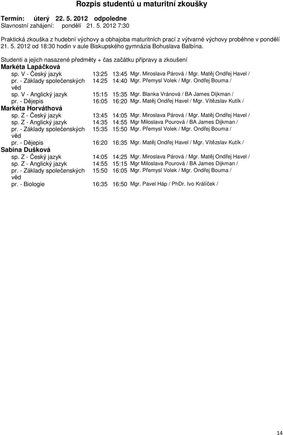 Vítězslav Kutík / Markéta Horváthová sp. Z - Český jazyk 13:45 14:05 Mgr. Miroslava Párová / Mgr. Matěj Ondřej Havel / sp. Z - Anglický jazyk 14:35 14:55 Mgr Miloslava Pourová / BA James Dijkman / pr.