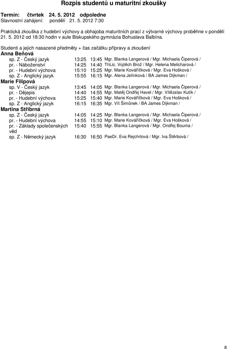V - Český jazyk 13:45 14:05 Mgr. Blanka Langerová / Mgr. Michaela Čiperová / pr. - Dějepis 14:40 14:55 Mgr. Matěj Ondřej Havel / Mgr. Vítězslav Kutík / pr. - Hudební výchova 15:25 15:40 Mgr.