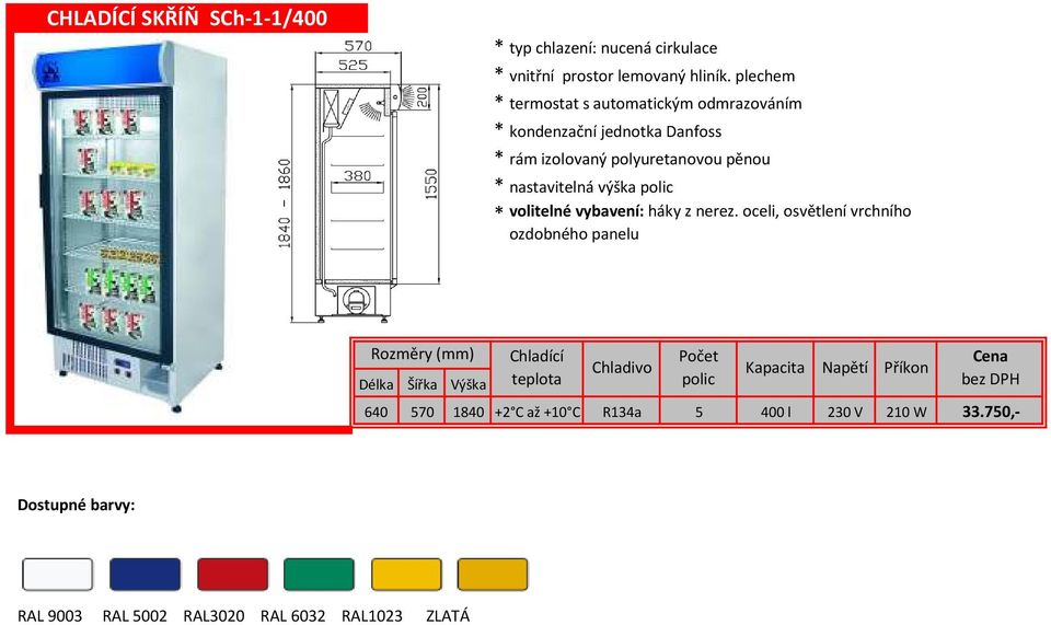 oceli, osvětlení vrchního ozdobného panelu 640 570 1840 +2 C až +10 C Počet