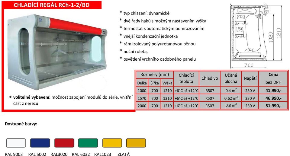 část z nerezu Délka 1000 1570 700 Šířka Výška 1210 2000 700 1210 700 1210 +6 C až +12 C +6 C až +12 C 0,62 m 2