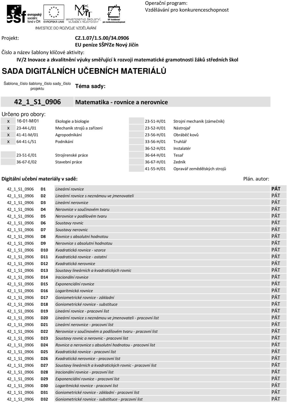 rovnice a nerovnice Určeno pro obory: x 16-01-M/01 Ekologie a biologie 23-51-H/01 Strojní mechanik (zámečník) x 23-44-L/01 Mechanik strojů a zařízení 23-52-H/01 Nástrojař x 41-41-M/01 Agropodnikání