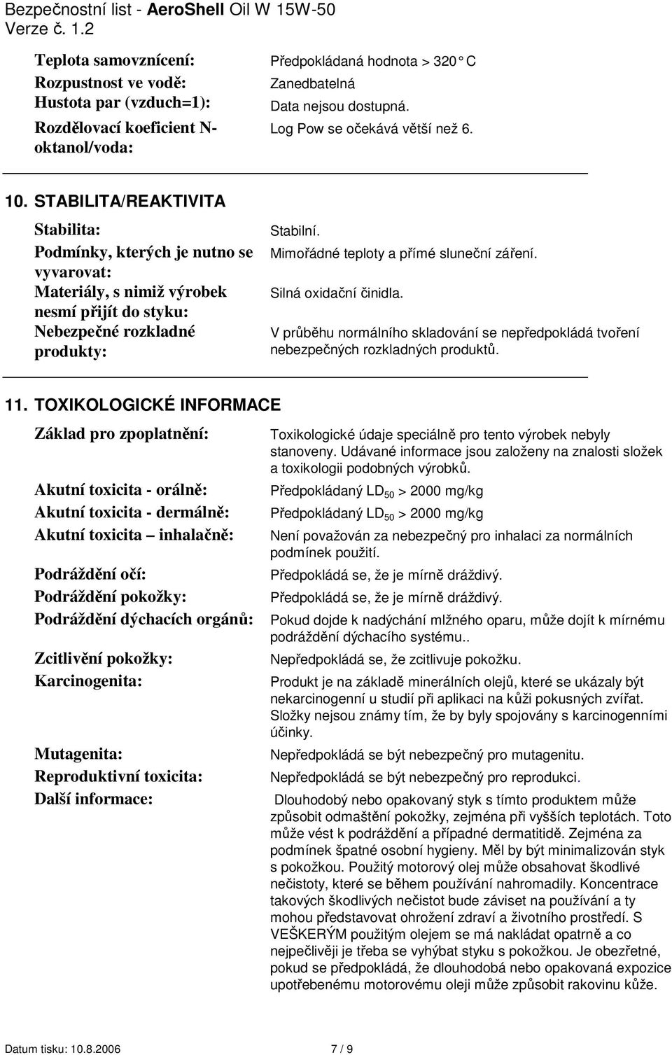 Mimořádné teploty a přímé sluneční záření. Silná oxidační činidla. V průběhu normálního skladování se nepředpokládá tvoření nebezpečných rozkladných produktů. 11.