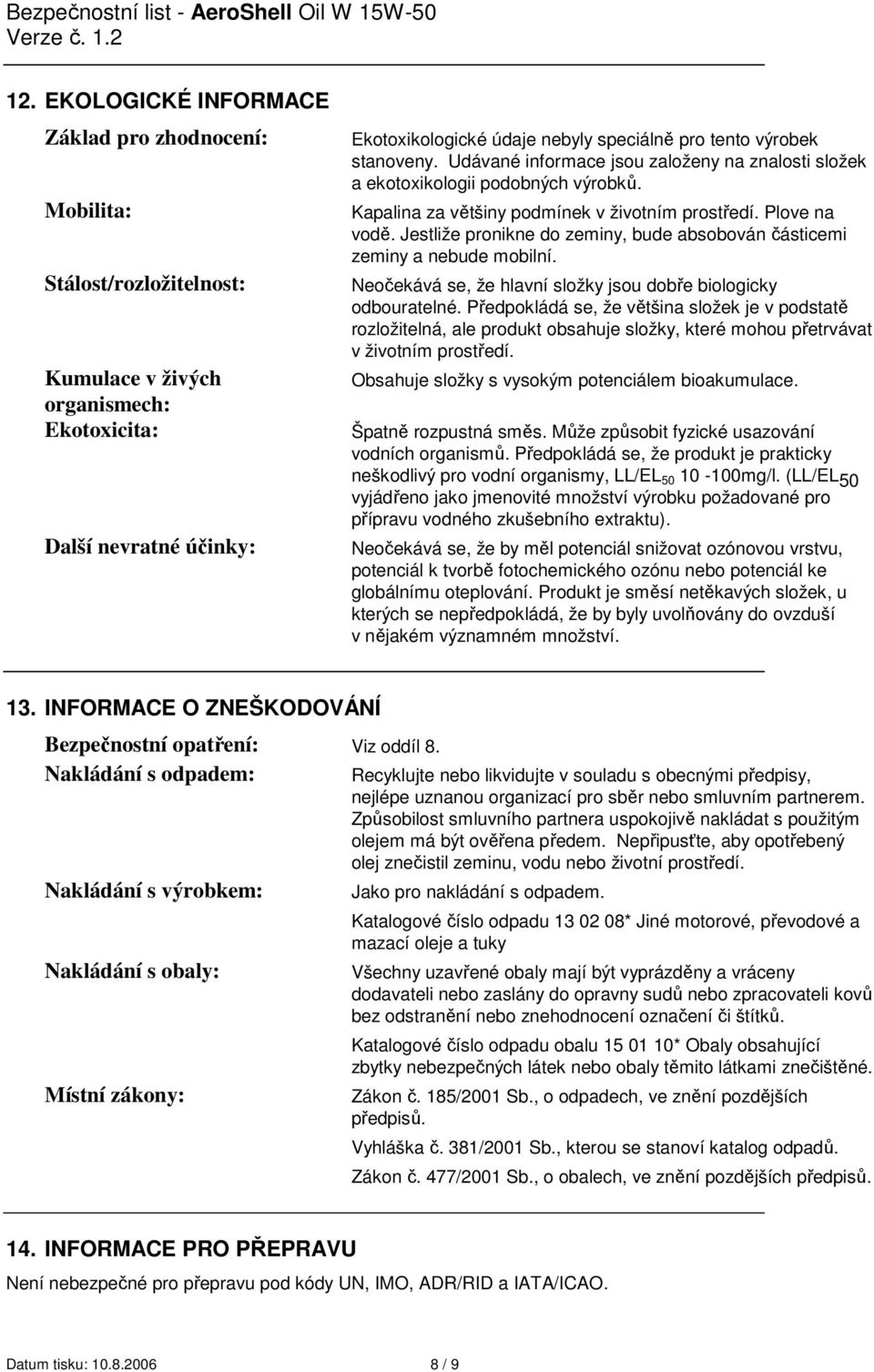 Jestliže pronikne do zeminy, bude absobován částicemi zeminy a nebude mobilní. Neočekává se, že hlavní složky jsou dobře biologicky odbouratelné.