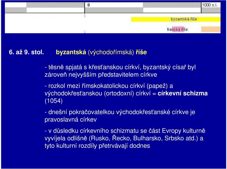 církve - rozkol mezi římskokatolickou církví (papež) a východokřesťanskou (ortodoxní) církví = církevní schizma (1054) -