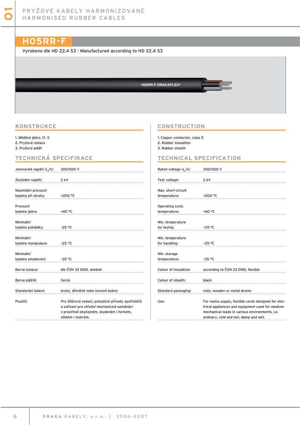 Rubber sheath TECHNICAL SPECIFICATION Jmenovité napětí U 0 300/500 V Rated voltage U 0 300/500 V Zkušební napětí: 2 kv Test voltage: 2 kv Maximální provozní teplota při zkratu: +200 C Max.