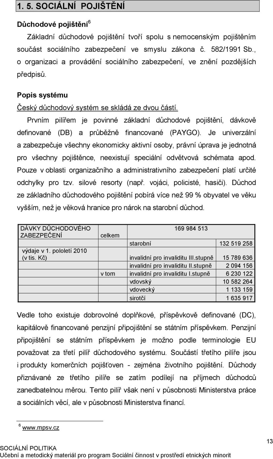 Prvním pilířem je povinné základní důchodové pojištění, dávkově definované (DB) a průběžně financované (PAYGO).