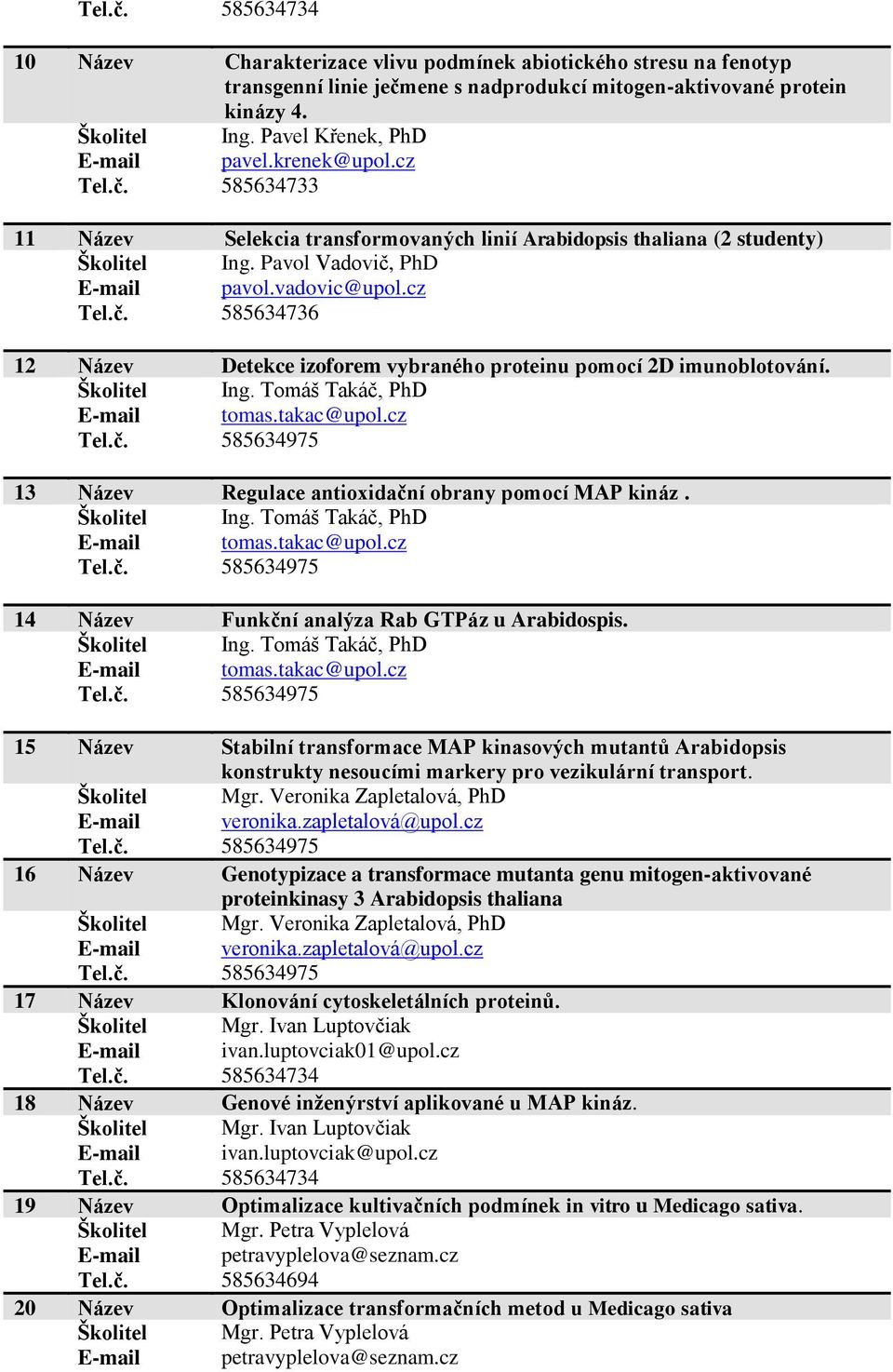 Školitel Ing. Tomáš Takáč, PhD E-mail tomas.takac@upol.cz 13 Název Regulace antioxidační obrany pomocí MAP kináz. Školitel Ing. Tomáš Takáč, PhD E-mail tomas.takac@upol.cz 14 Název Funkční analýza Rab GTPáz u Arabidospis.