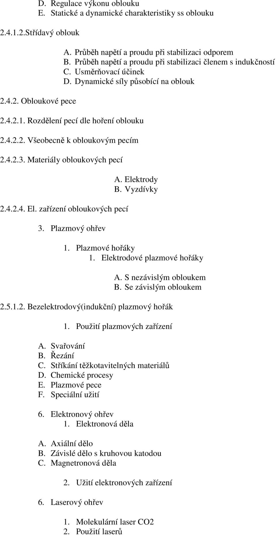 4.2.3. Materiály obloukových pecí 2.4.2.4. El. zařízení obloukových pecí 3. Plazmový ohřev A. Elektrody B. Vyzdívky 1. Plazmové hořáky 1. Elektrodové plazmové hořáky A. S nezávislým obloukem B.