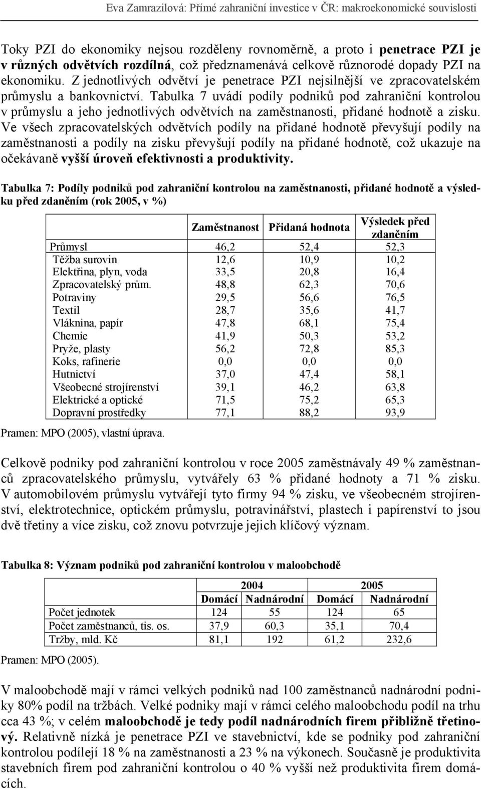Tabulka 7 uvádí podíly podniků pod zahraniční kontrolou v průmyslu a jeho jednotlivých odvětvích na zaměstnanosti, přidané hodnotě a zisku.
