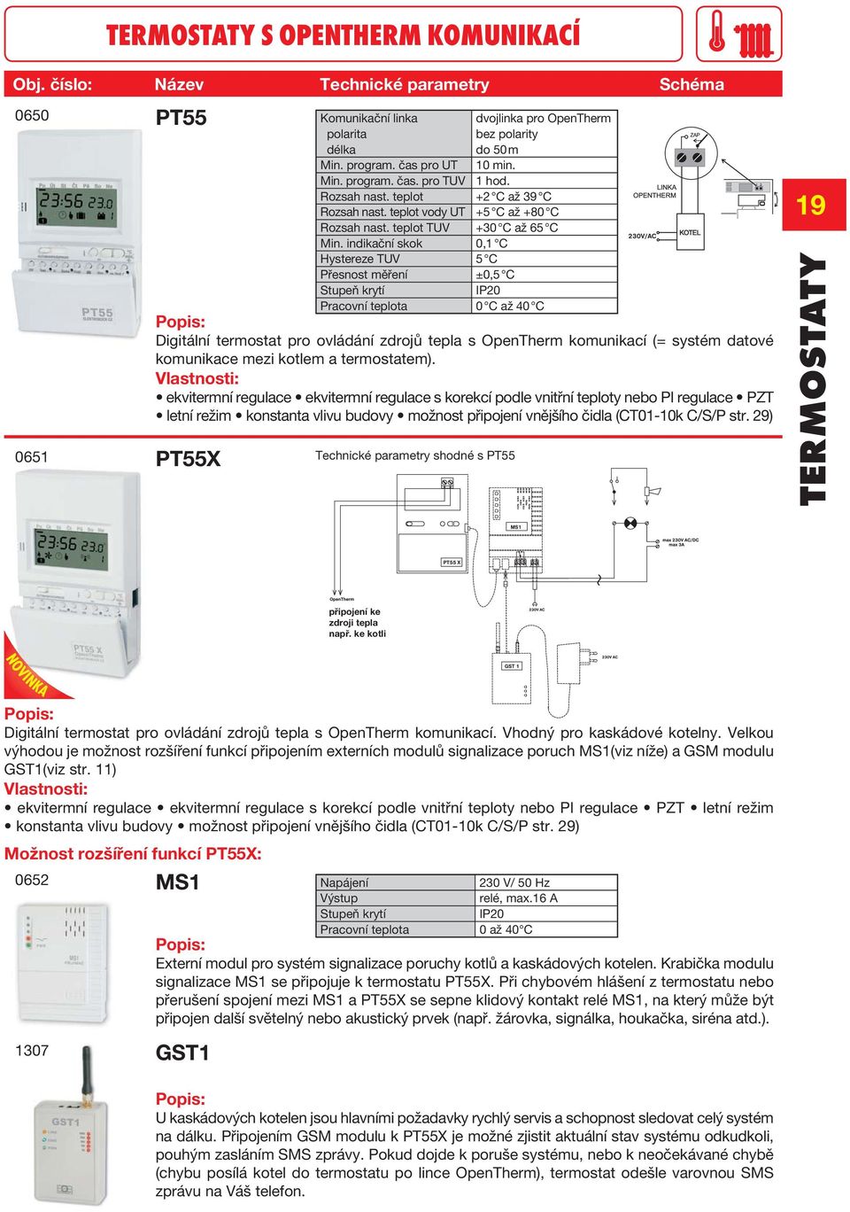 teplot TUV +30 C až 65 C Hystereze TUV 5 C Pracovní teplota 0 C až 40 C 0651 PT55 Digitální termostat pro ovládání zdrojů tepla s OpenTherm komunikací (= systém datové komunikace mezi kotlem a