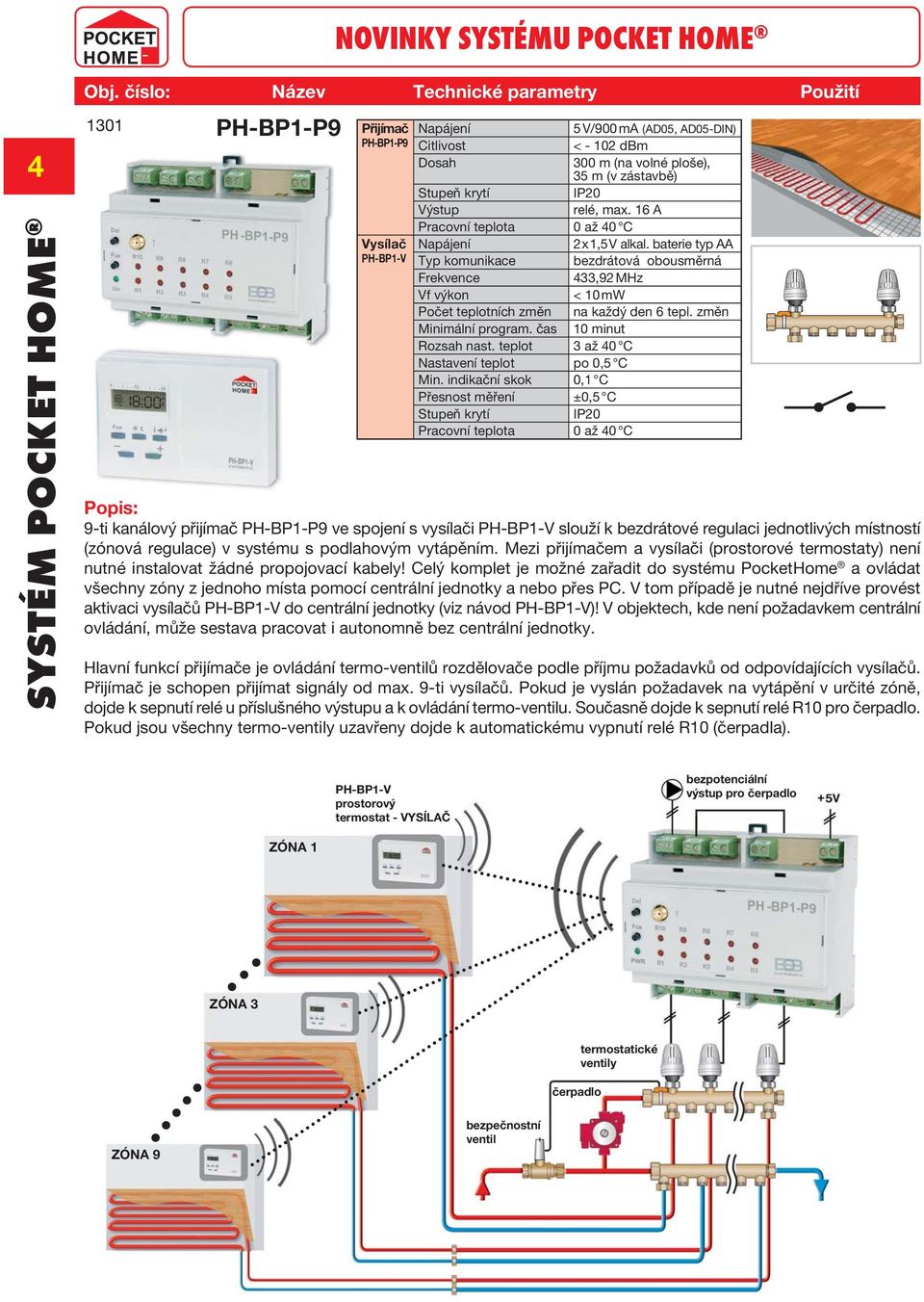 16 A Pracovní teplota 0 až 40 C Vysílač 2 x 1,5 V alkal. baterie typ AA PH-BP1-V Typ komunikace bezdrátová obousměrná Vf výkon < 10 mw Počet teplotních změn na každý den 6 tepl.