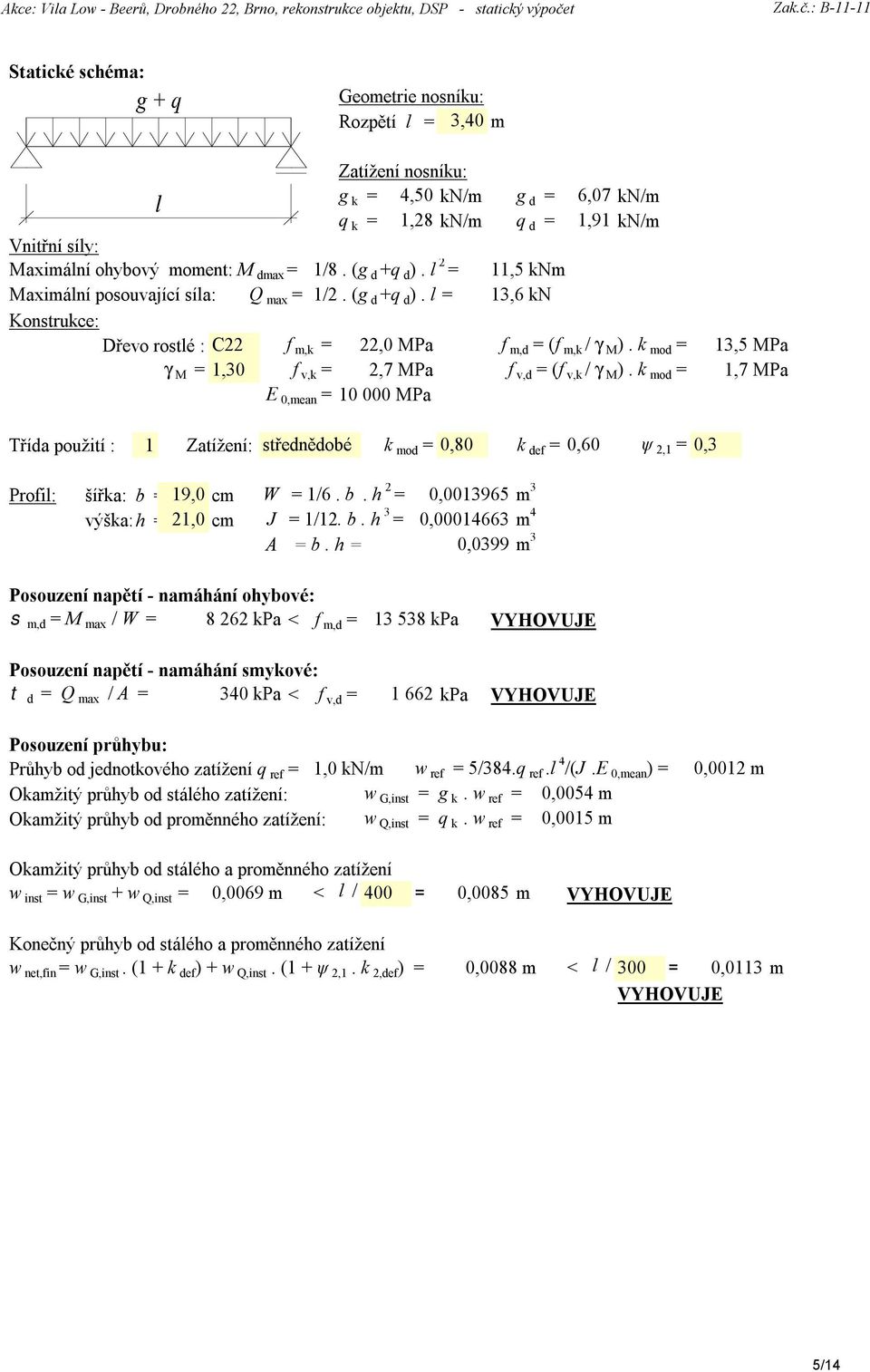 l = C22 22,0 MPa g k = 4,50 kn/m g d = 6,07 kn/m q k = 1,28 kn/m q d = 1,91 kn/m 11,5 knm 13,6 kn Dřevo rostlé : f m,k = f m,d = (f m,k / γ M ).