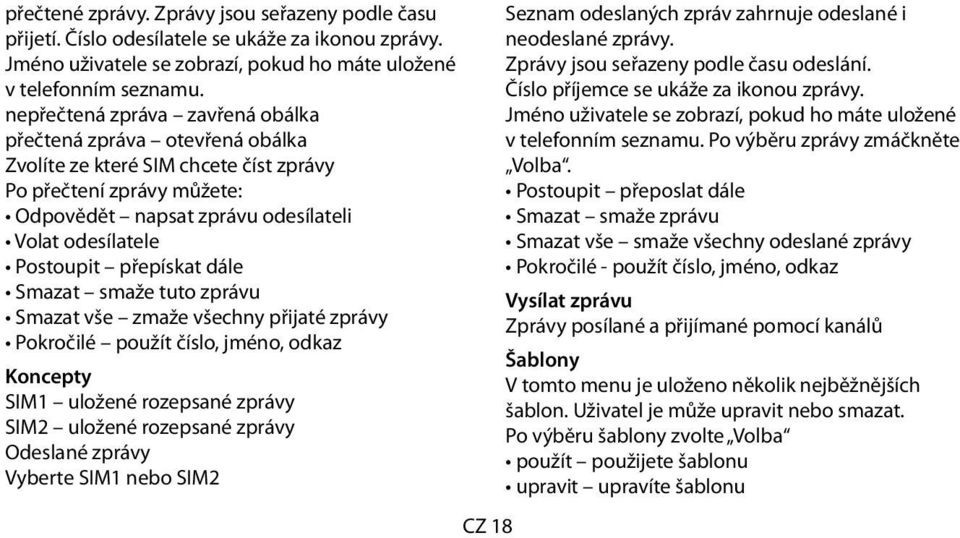 přepískat dále Smazat smaže tuto zprávu Smazat vše zmaže všechny přijaté zprávy Pokročilé použít číslo, jméno, odkaz Koncepty SIM1 uložené rozepsané zprávy SIM2 uložené rozepsané zprávy Odeslané