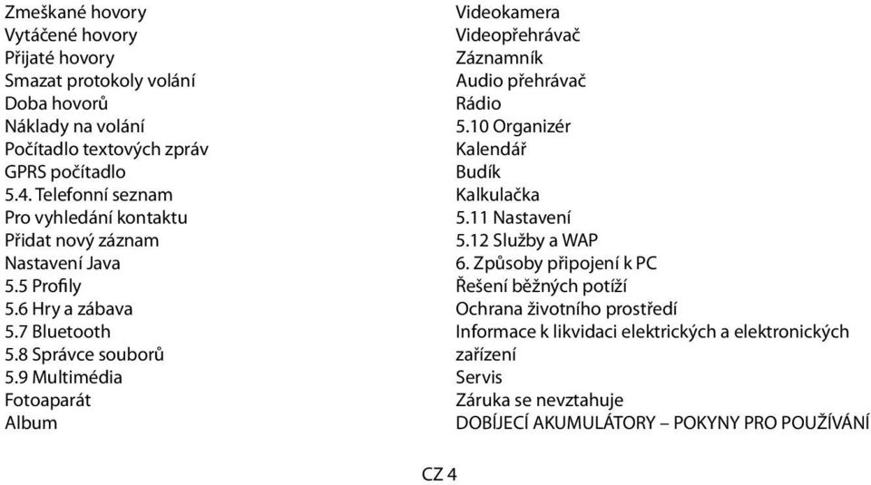 9 Multimédia Fotoaparát Album Videokamera Videopřehrávač Záznamník Audio přehrávač Rádio 5.10 Organizér Kalendář Budík Kalkulačka 5.11 Nastavení 5.12 Služby a WAP 6.