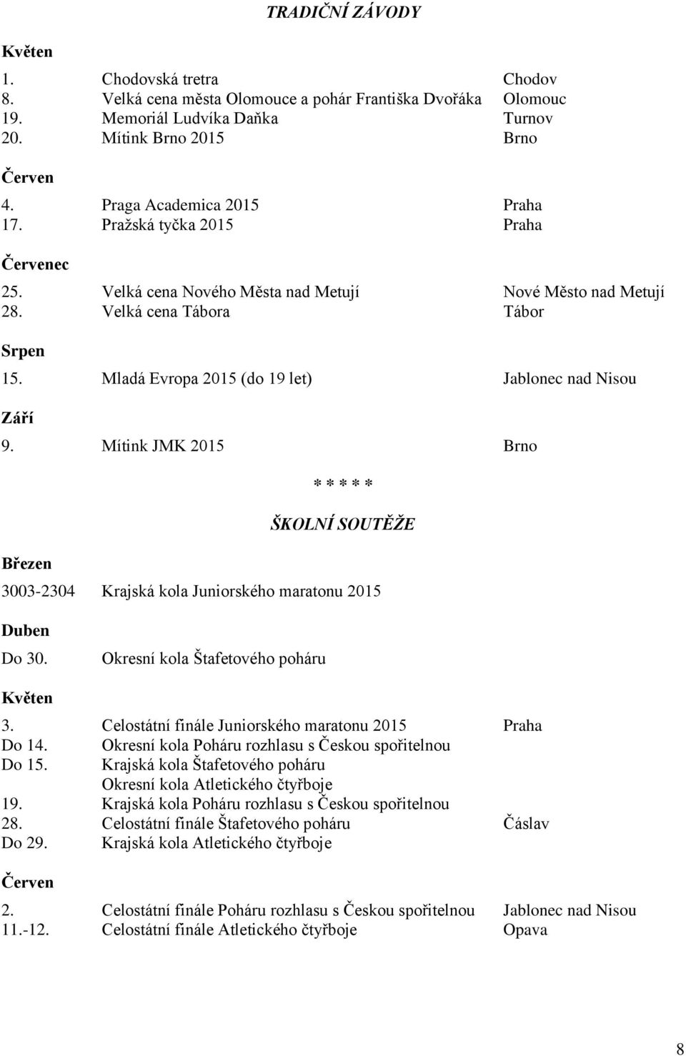 Mladá Evropa 2015 (do 19 let) Jablonec nad Nisou Září 9. Mítink JMK 2015 Brno Březen * * * * * ŠKOLNÍ SOUTĚŽE 3003-2304 Krajská kola Juniorského maratonu 2015 Duben Do 30.