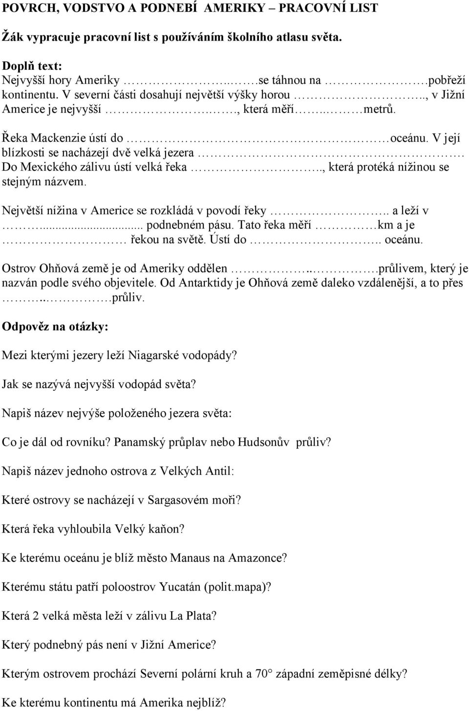 Povrch, vodstvo a podnebí Ameriky - pracovní list do zeměpisu - PDF Stažení  zdarma