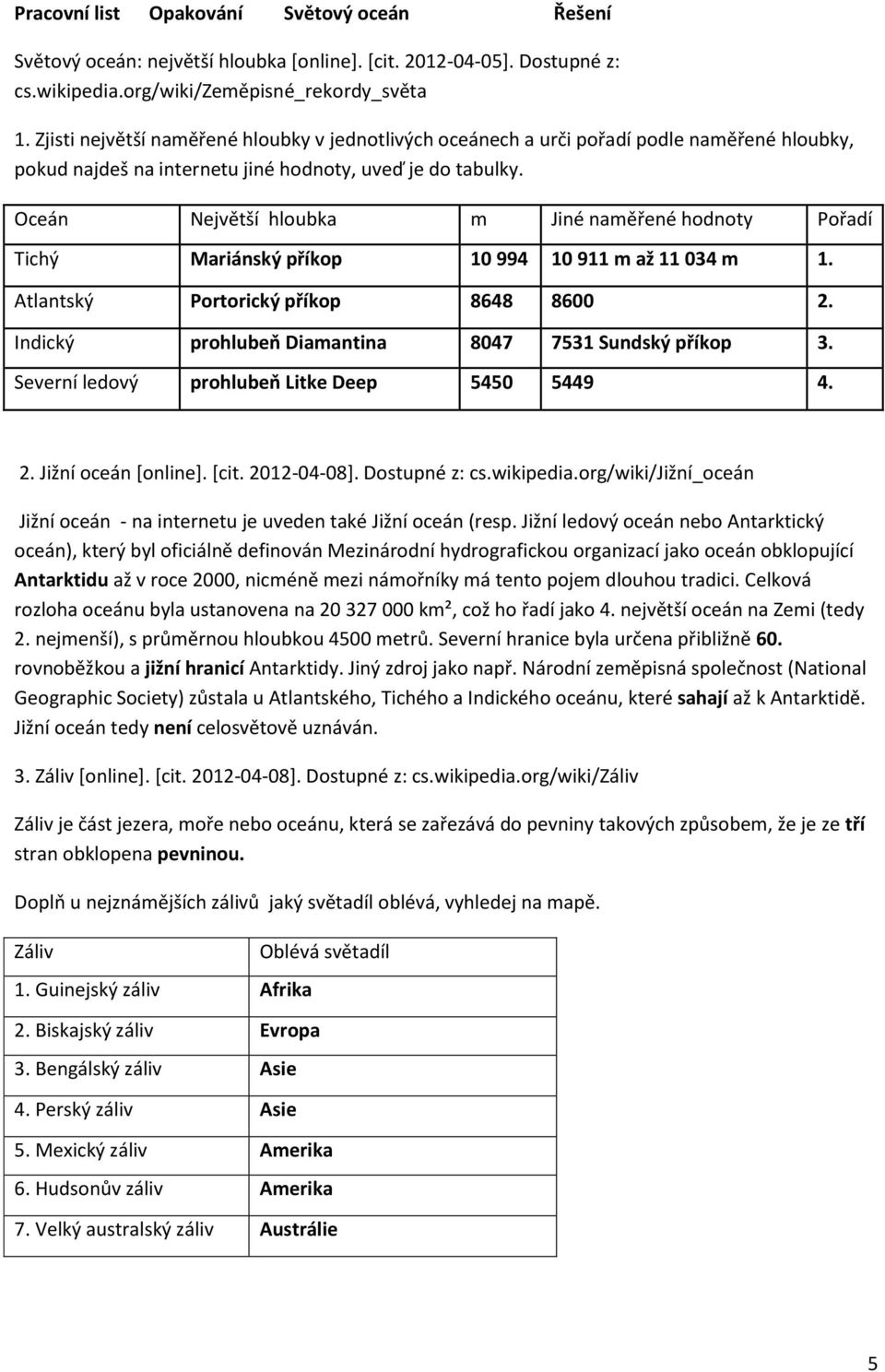 Oceán Největší hloubka m Jiné naměřené hodnoty Pořadí Tichý Mariánský příkop 10 994 10 911 m až 11 034 m 1. Atlantský Portorický příkop 8648 8600 2.