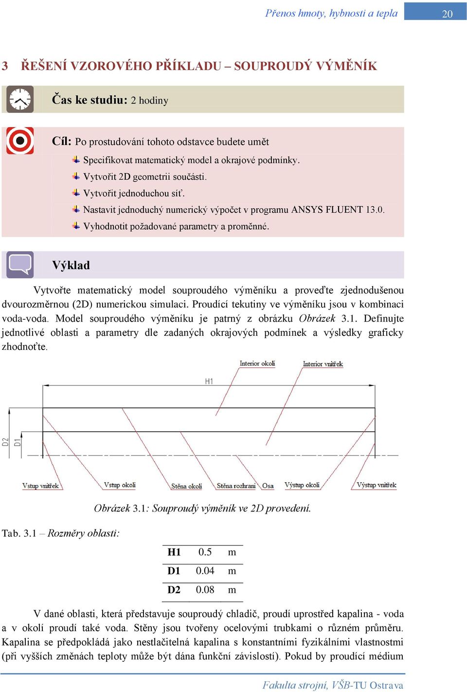 Výklad Vytvořte matematický model souproudého výměníku a proveďte zjednodušenou dvourozměrnou (2D) numerickou simulaci. Proudící tekutiny ve výměníku jsou v kombinaci voda-voda.