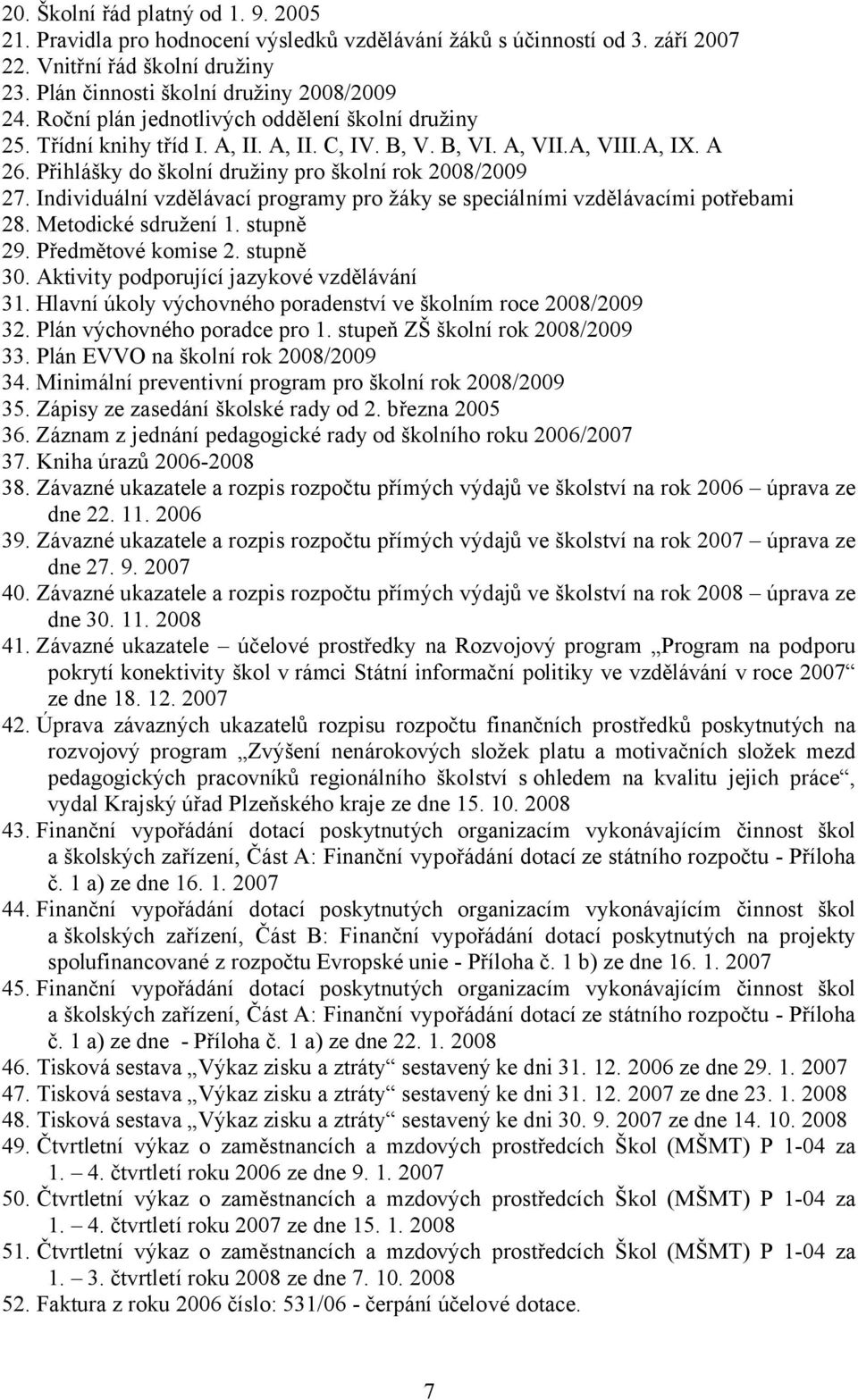 Individuální vzdělávací programy pro žáky se speciálními vzdělávacími potřebami 28. Metodické sdružení 1. stupně 29. Předmětové komise 2. stupně 30. Aktivity podporující jazykové vzdělávání 31.