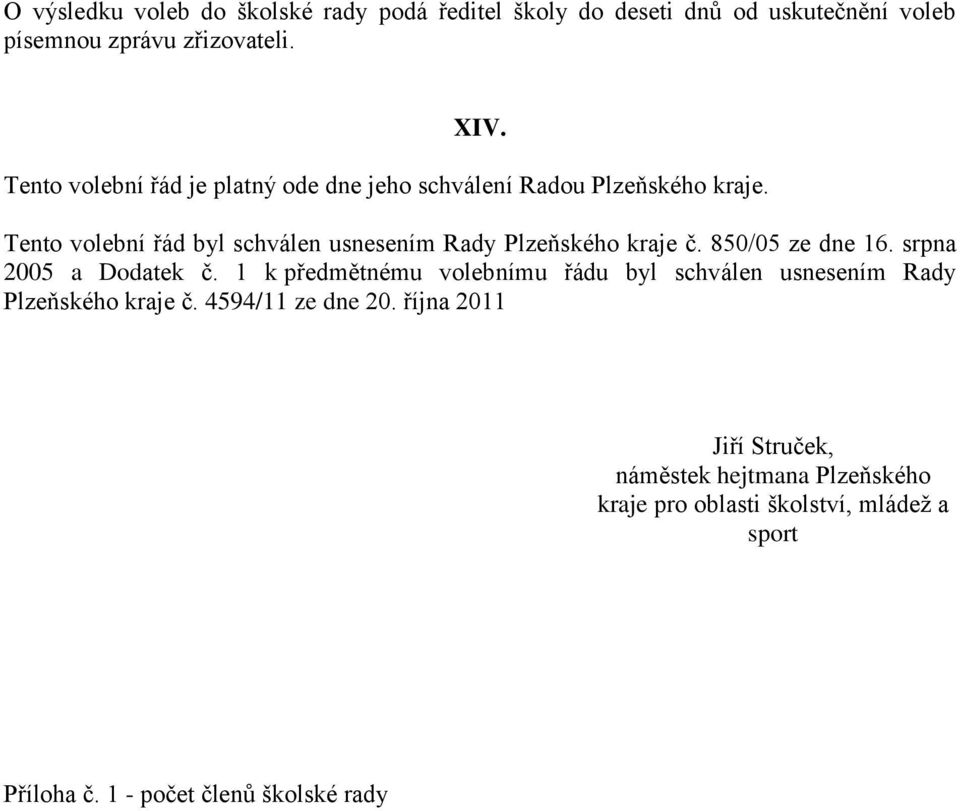 Tento volební řád byl schválen usnesením Rady Plzeňského kraje č. 850/05 ze dne 16. srpna 2005 a Dodatek č.