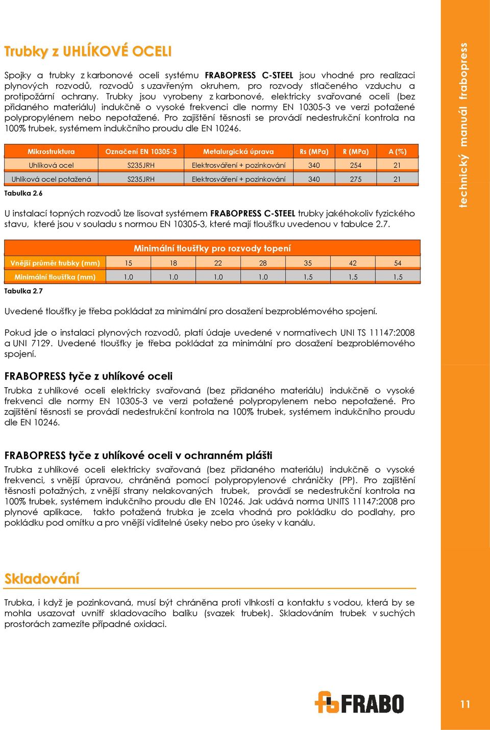 Trubky jsou vyrobeny z karbonové, elektricky svařované oceli (bez přidaného materiálu) indukčně o vysoké frekvenci dle normy EN 10305-3 ve verzi potažené polypropylénem nebo nepotažené.