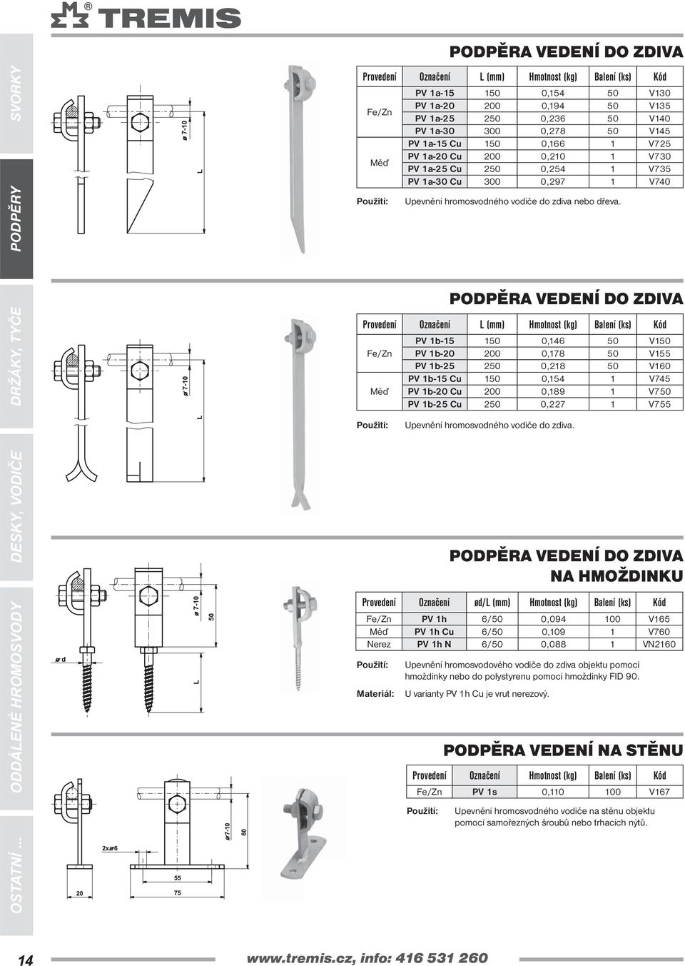 PODPĚRA VEDENÍ DO ZDIVA Měď PV 1b-15 150 0,146 50 V150 PV 1b-20 200 0,178 50 V155 PV 1b-25 250 0,218 50 V160 PV 1b-15 Cu 150 0,154 1 V745 PV 1b-20 Cu 200 0,189 1 V750 PV 1b-25 Cu 250 0,227 1 V755