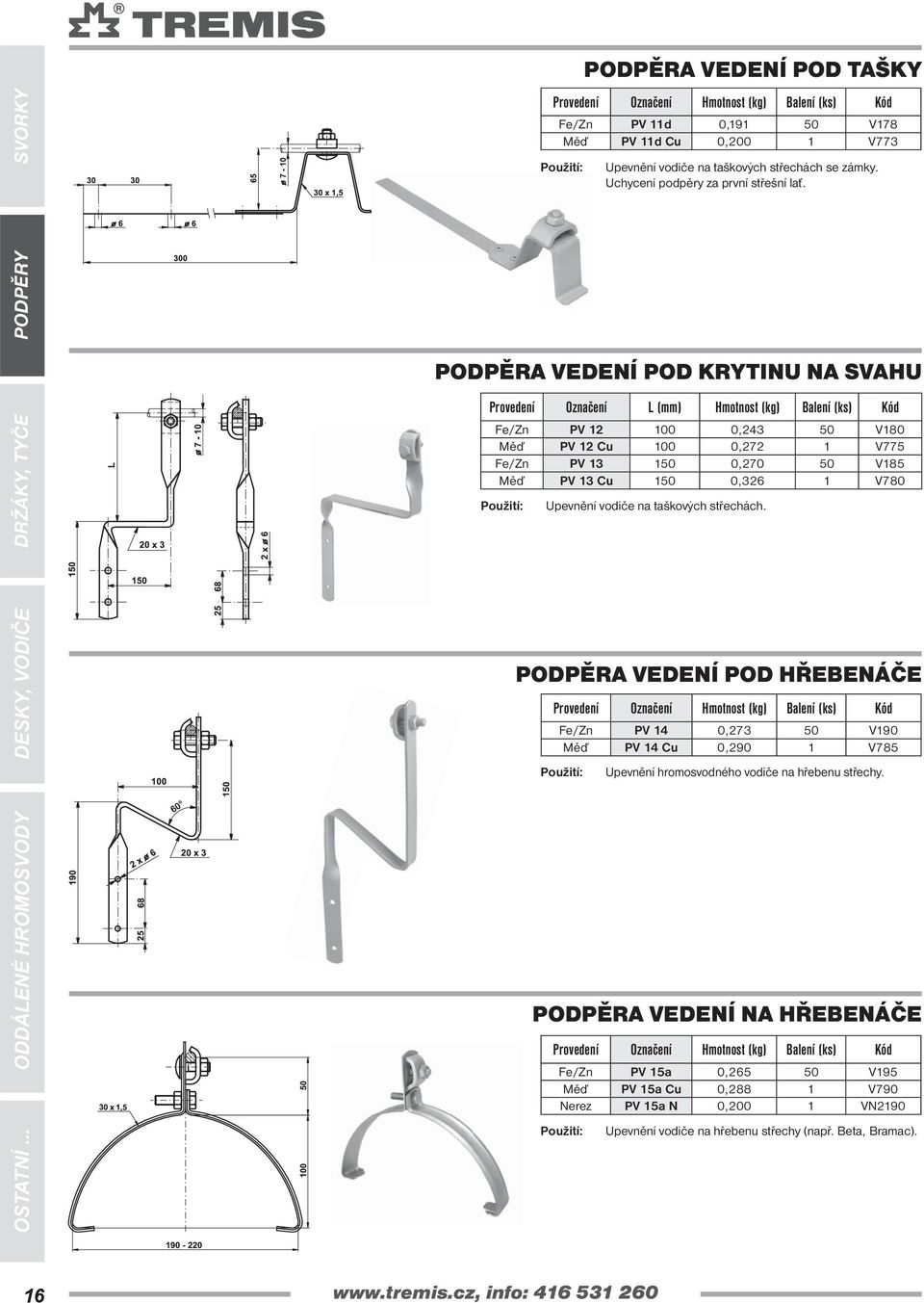 PODPĚRA VEDENÍ POD KRYTINU NA SVAHU PV 12 100 0,243 50 V180 Měď PV 12 Cu 100 0,272 1 V775 PV 13 150 0,270 50 V185 Měď PV 13 Cu 150 0,326 1 V780 Upevnění