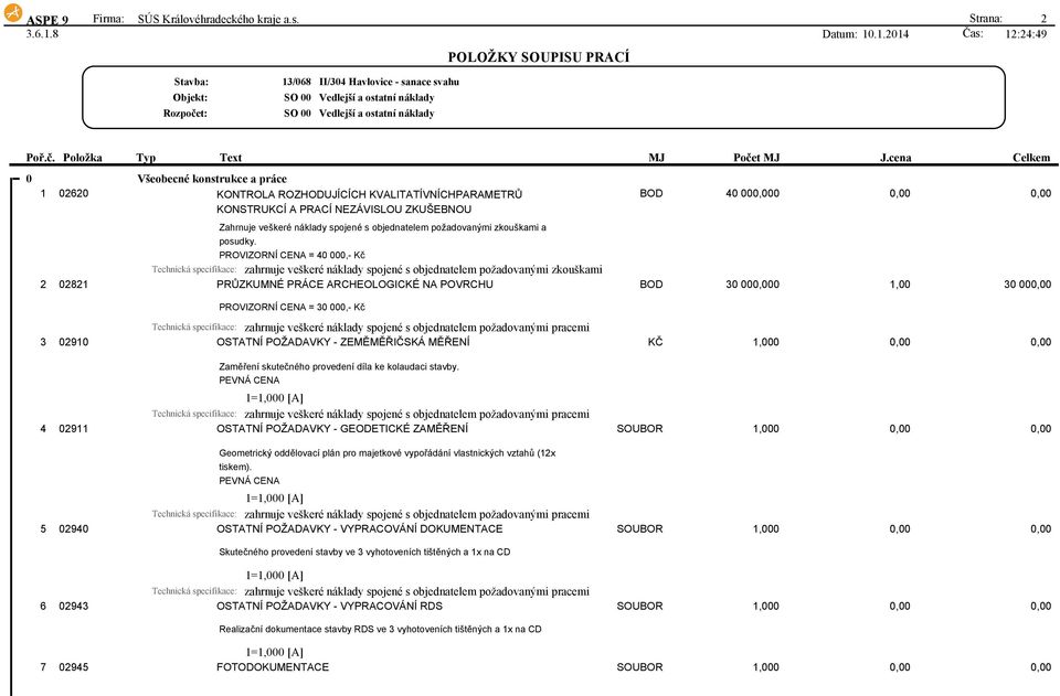 ZKUŠEBNOU BOD 40 000,000 0,00 0,00 Zahrnuje veškeré náklady spojené s objednatelem požadovanými zkouškami a posudky.