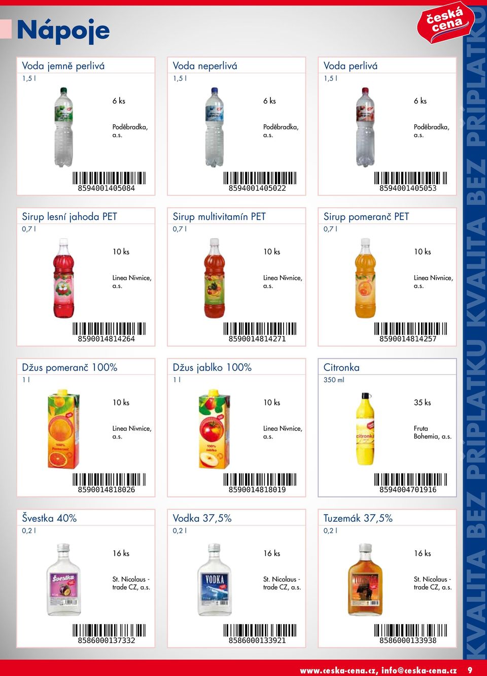 Nicolaus - trade CZ, a.s. Voda perlivá 1,5 l Sirup pomeranč PET 0,7 l Citronka 350 ml Tuzemák 37,5% 0,2 l 6 ks Poděbradka, a.s. Linea Nivnice, a.s. 35 ks Fruta Bohemia, a.