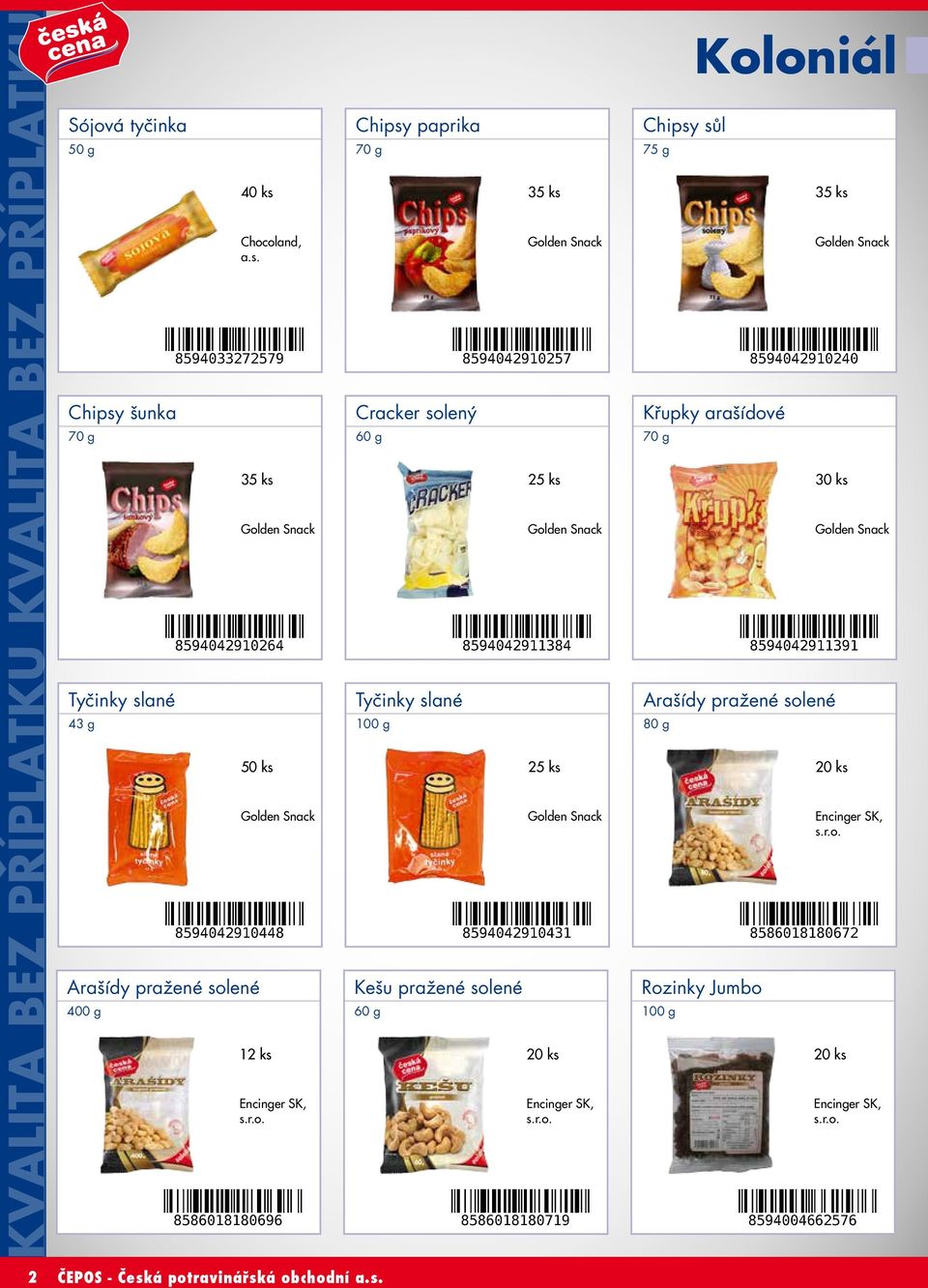 35 ks Golden Snack 50 ks Golden Snack Encinger SK, Chipsy paprika 70 g Cracker solený 60 g Tyčinky slané Kešu pražené solené 60 g 35 ks