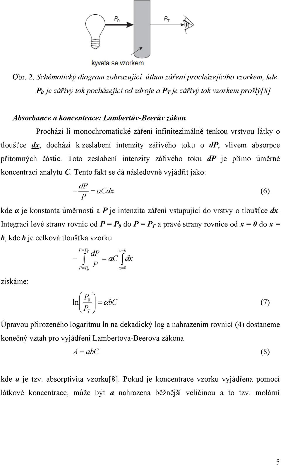 Prochází-li monochromatické záření infinitezimálně tenkou vrstvou látky o tloušťce dx, dochází k zeslabení intenzity zářivého toku o dp, vlivem absorpce přítomných částic.