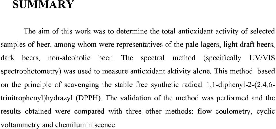 The spectral method (specifically UV/VIS spectrophotometry) was used to measure antioxidant aktivity alone.