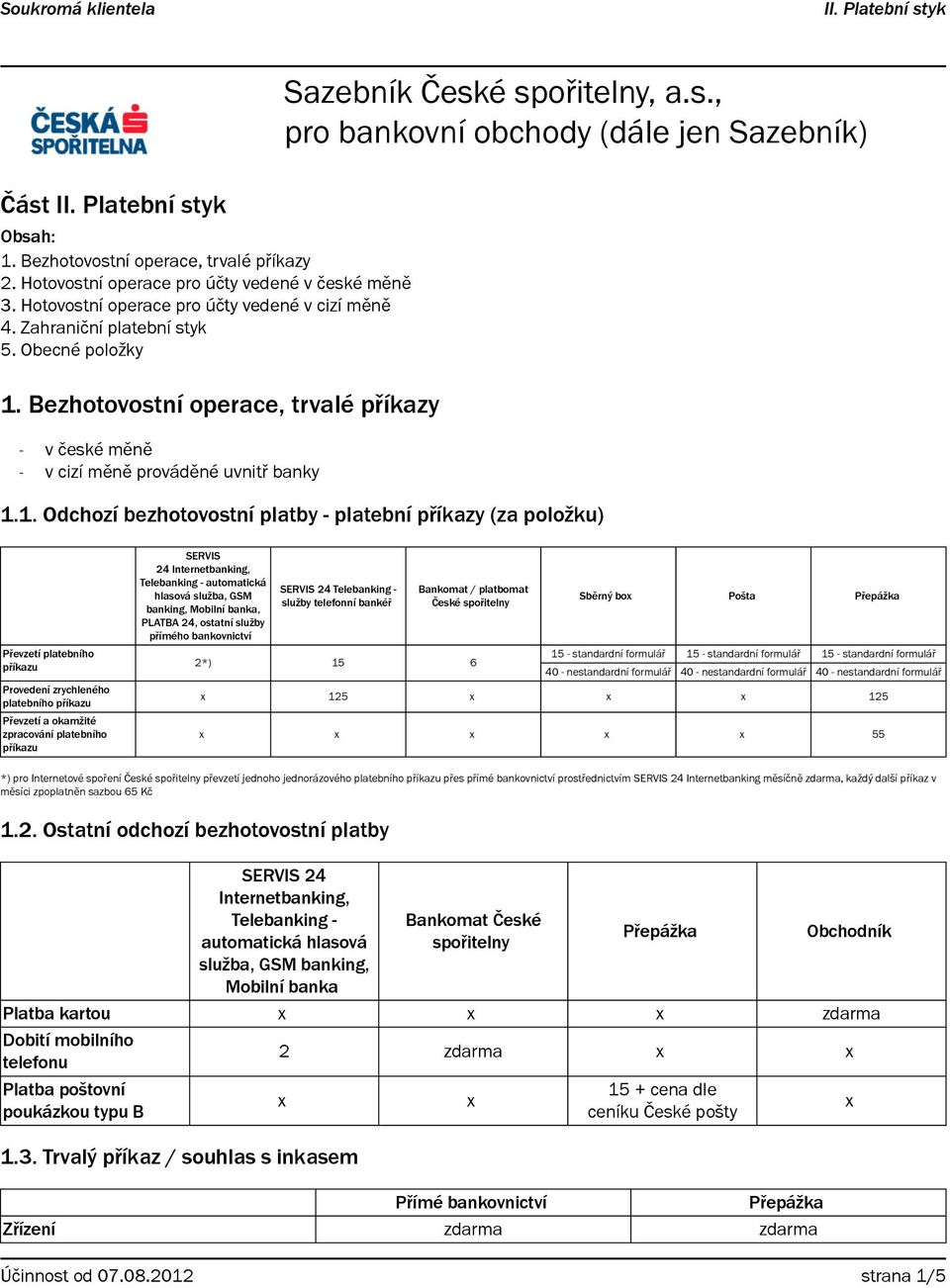 Bezhotovostní operace, trvalé příkazy - v české měně - v cizí měně prováděné uvnitř banky 1.