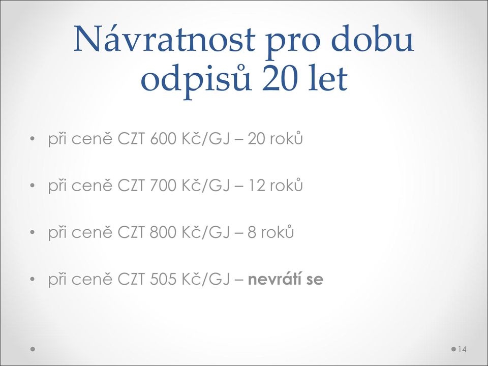 700 Kč/GJ 12 roků při ceně CZT 800 Kč/GJ