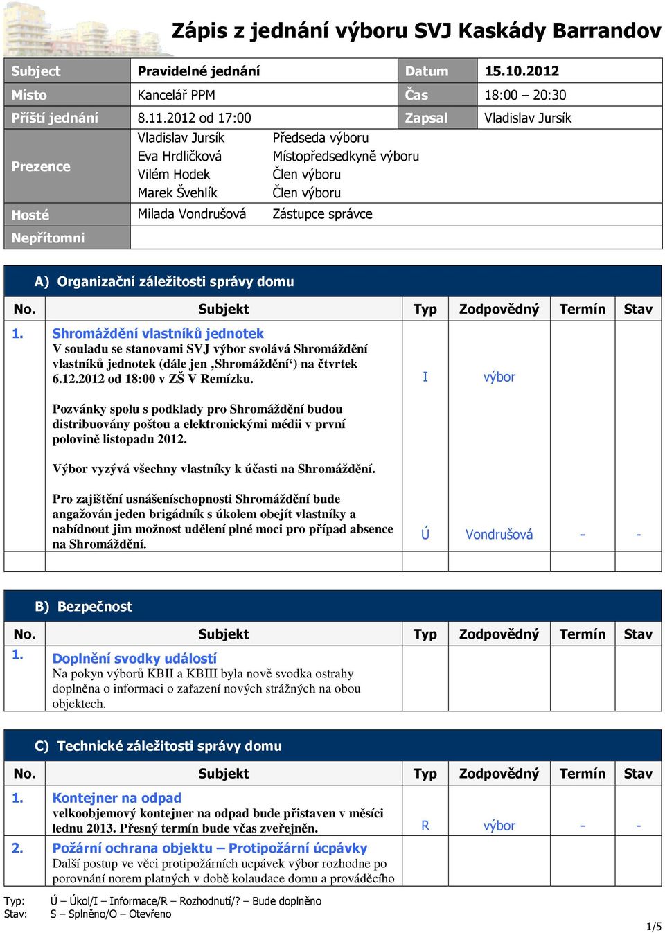 Zástupce správce Nepřítomni A) Organizační záležitosti správy domu 1.