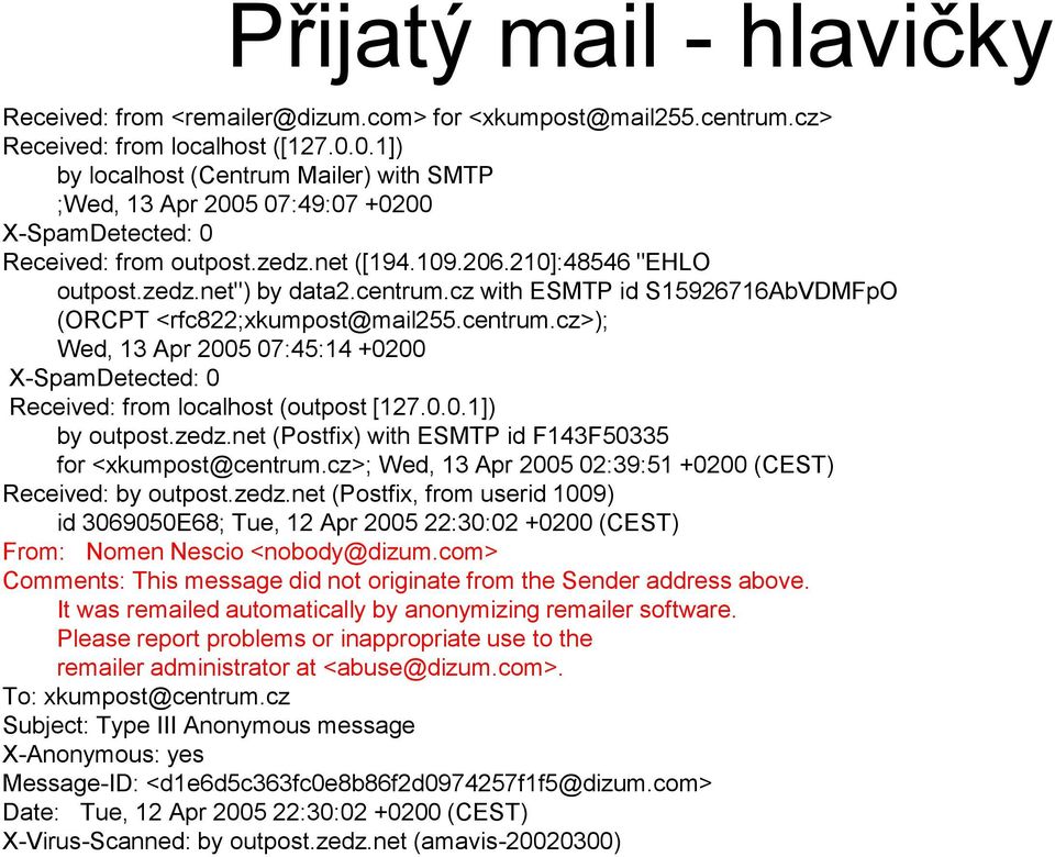 cz with ESMTP id S15926716AbVDMFpO (ORCPT <rfc822;xkumpost@mail255.centrum.cz>); Wed, 13 Apr 2005 07:45:14 +0200 X-SpamDetected: 0 Received: from localhost (outpost [127.0.0.1]) by outpost.zedz.