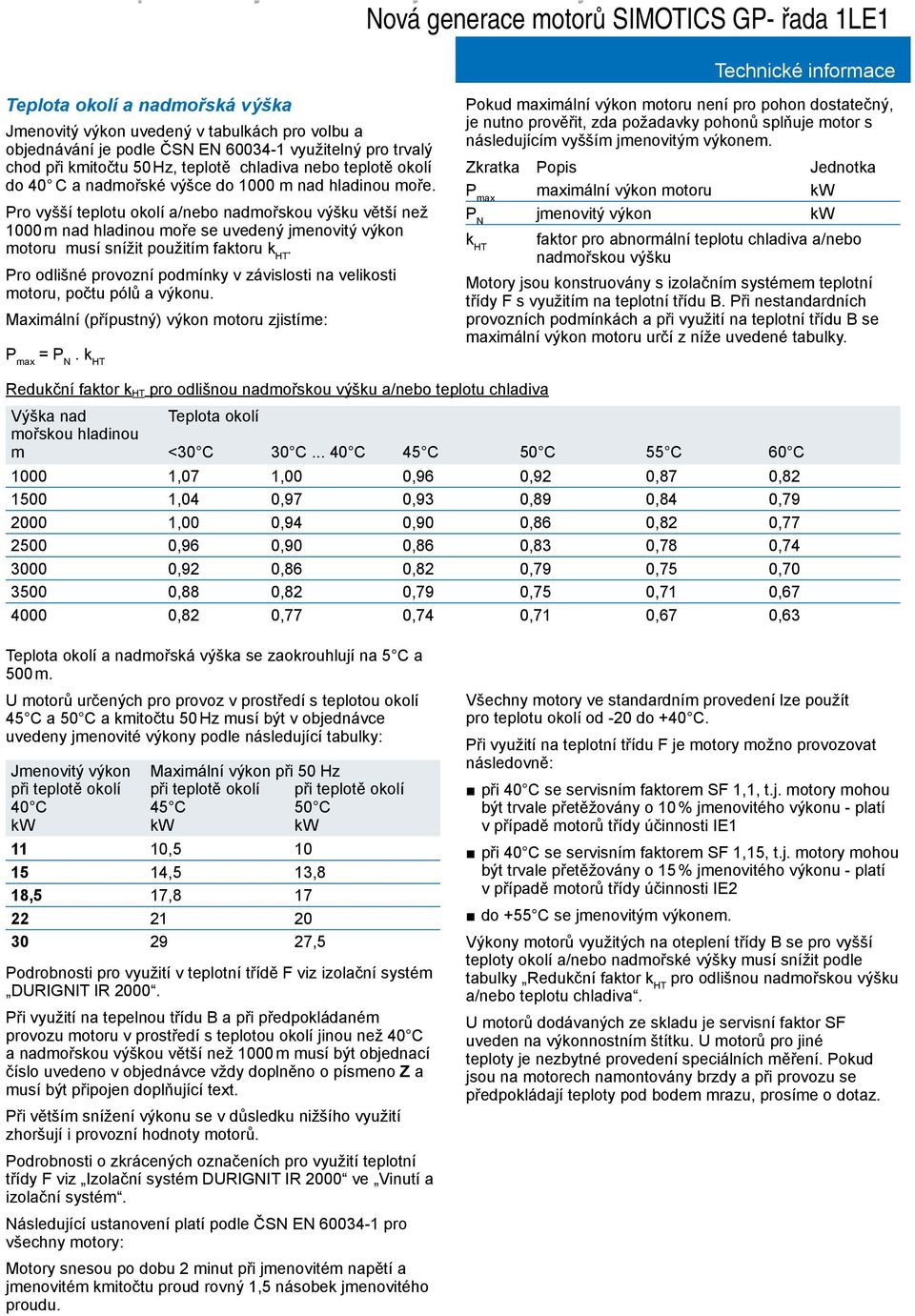 Pro vyšší teplotu okolí a/nebo nadmořskou výšku větší než 1000 m nad hladinou moře se uvedený jmenovitý výkon motoru musí snížit použitím faktoru k HT.