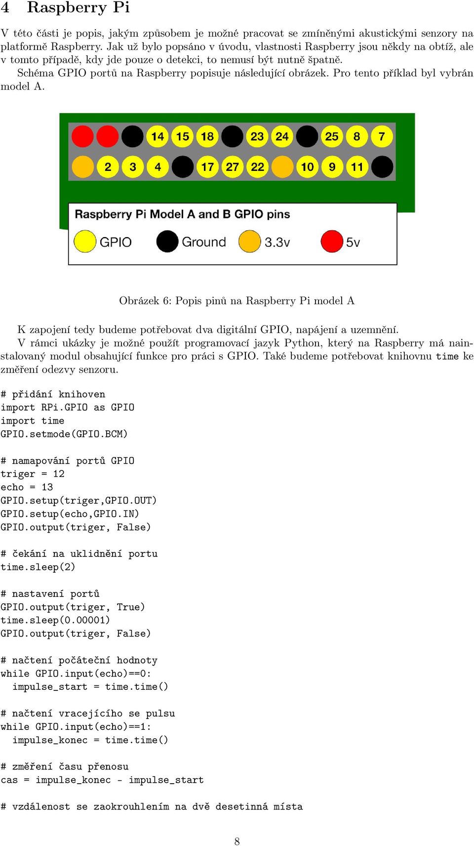 Schéma GPIO portů na Raspberry popisuje následující obrázek. Pro tento příklad byl vybrán model A.