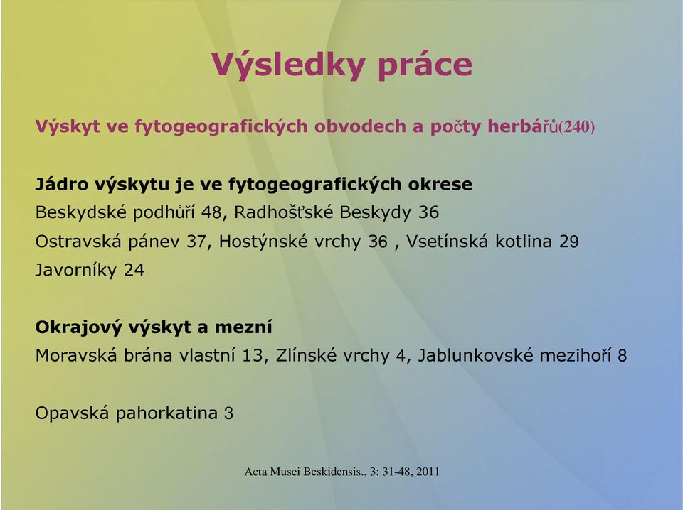 Ostravská pánev 37, Hostýnské vrchy 36, Vsetínská kotlina 29 Javorníky 24 Okrajový