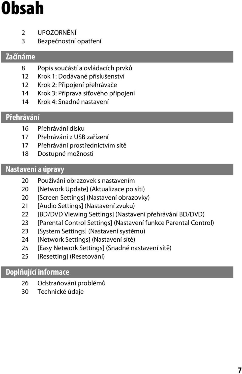 [Network Update] (Aktualizace po síti) 20 [Screen Settings] (Nastavení obrazovky) 21 [Audio Settings] (Nastavení zvuku) 22 [BD/DVD Viewing Settings] (Nastavení přehrávání BD/DVD) 23 [Parental Control