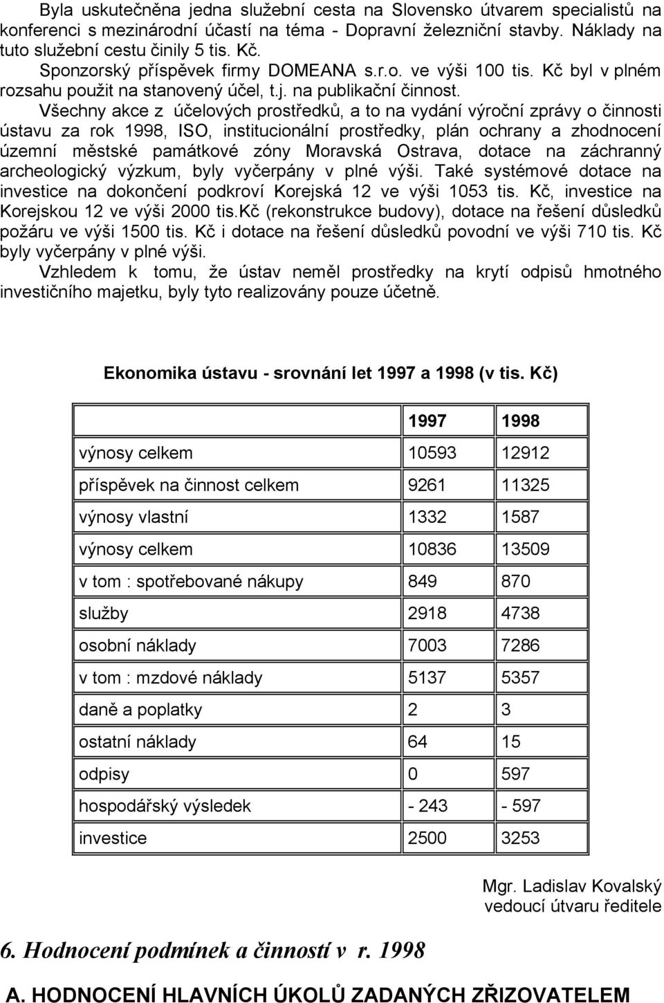 Všechny akce z účelových prostředků, a to na vydání výroční zprávy o činnosti ústavu za rok 1998, ISO, institucionální prostředky, plán ochrany a zhodnocení územní městské památkové zóny Moravská