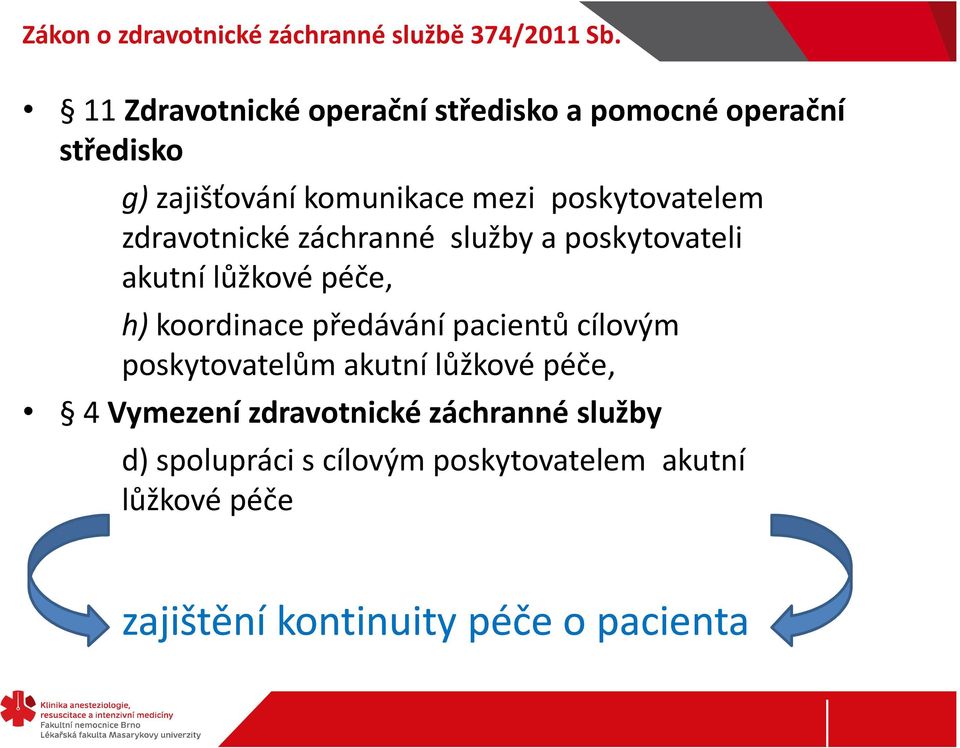 zdravotnické záchranné služby a poskytovateli akutní lůžkové péče, h) koordinace předávání pacientů cílovým