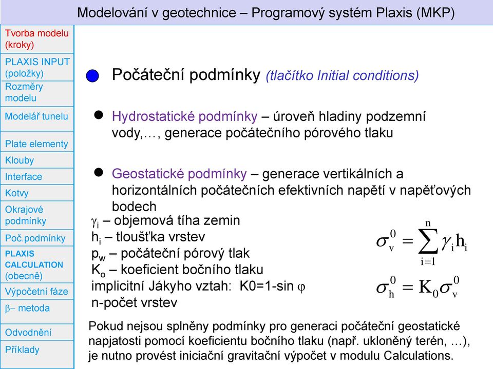 vertikálních a horizontálních počátečních efektivních napětí v napěťových bodech i objemová tíha zemin h i tloušťka vrstev p w počáteční pórový tlak K o