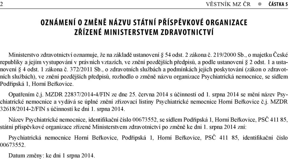 , o zdravotních službách a podmínkách jejich poskytování (zákon o zdravotních službách), ve znění pozdějších předpisů, rozhodlo o změně názvu organizace Psychiatrická nemocnice, se sídlem Podřipská