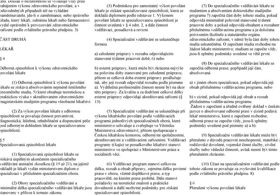 3) ČÁST DRUHÁ LÉKAŘ 4 Odborná způsobilost k výkonu zdravotnického povolání lékaře (1) Odborná způsobilost k výkonu povolání lékaře se získává absolvováním nejméně šestiletého prezenčního studia, 5)