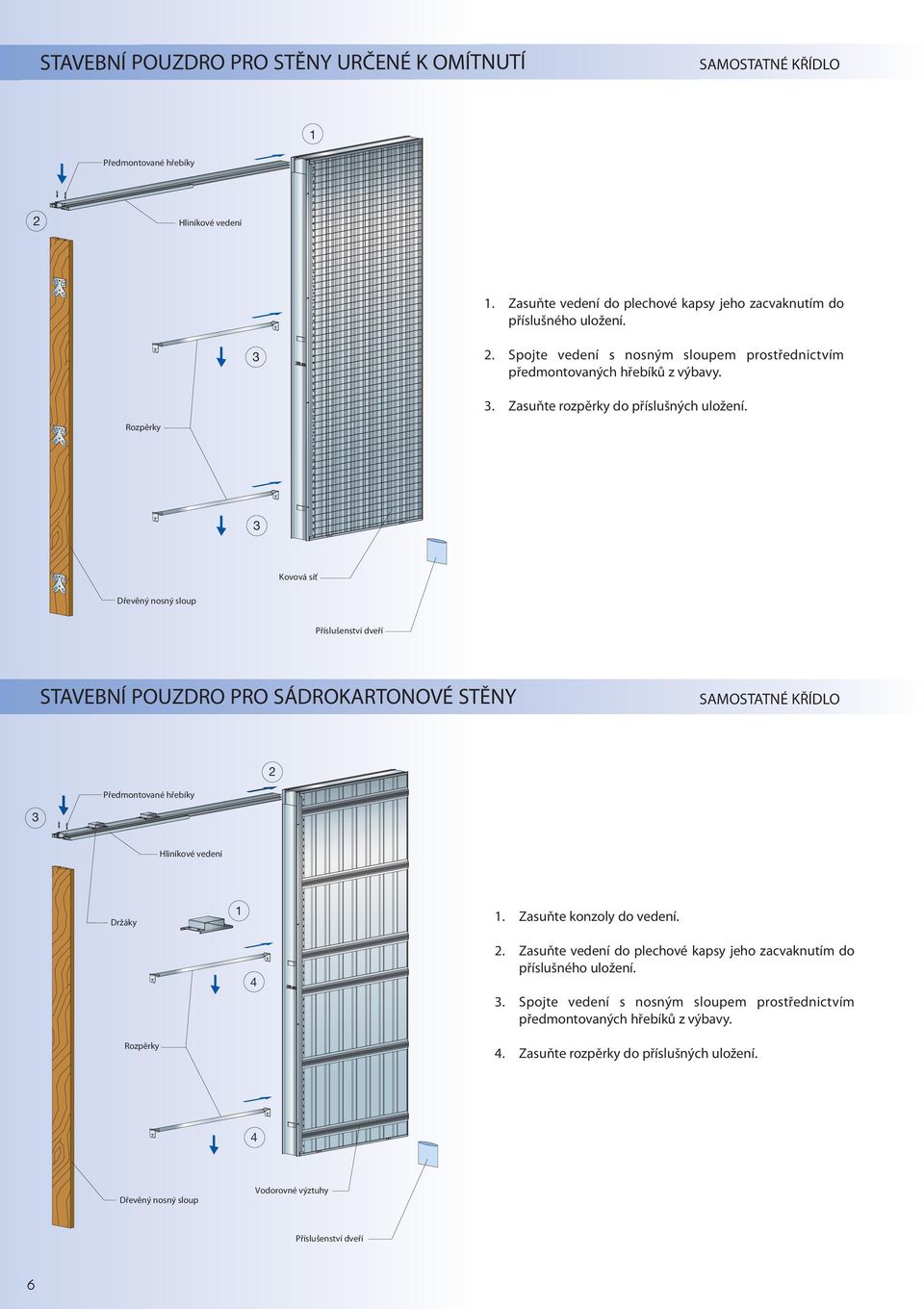 Rozpěrky 3 Kovová síť Dřevěný nosný sloup Příslušenství dveří STAVEBNÍ POUZDRO PRO SÁDROKARTONOVÉ STĚNY SAMOSTATNÉ KŘÍDLO 2 Předmontované hřebíky 3 Hliníkové vedení Držáky 1 1.