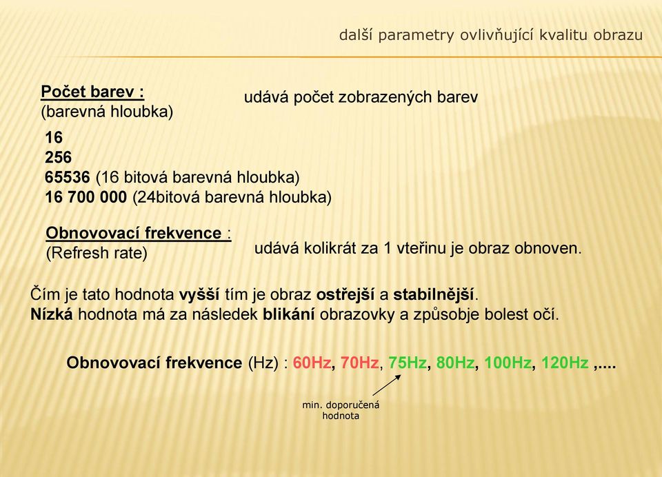 vteřinu je obraz obnoven. Čím je tato hodnota vyšší tím je obraz ostřejší a stabilnější.