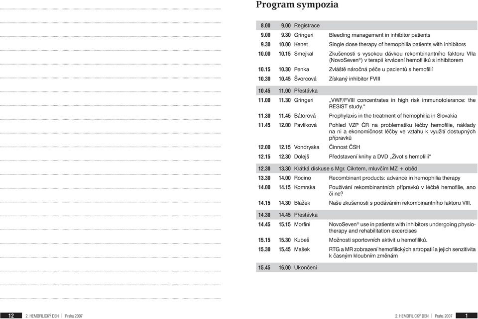 45 Švorcová Získaný inhibitor FVIII 0.45.00 Přestávka.00.0 Gringeri VWF/FVIII concentrates in high risk immunotolerance: the RESIST study..0.45 Bátorová Prophylaxis in the treatment of hemophilia in Slovakia.